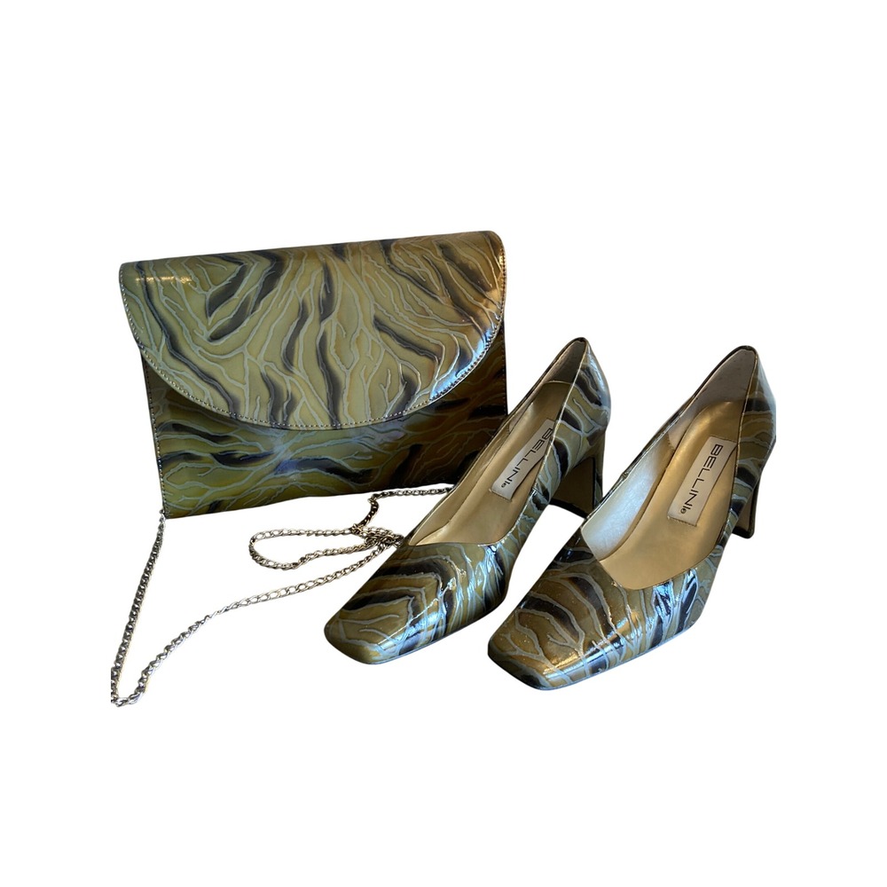 Bellini Margie Olive Green Marbled Block Heel Pumps and Matching Clutch Set 7.5M